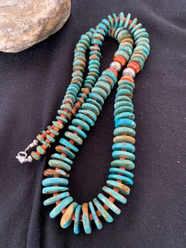 Navajo Sterling Silver Necklace | Natural Green Turquoise & Spiny Oyster | Graduated | Authentic Native American | 28" | 00328