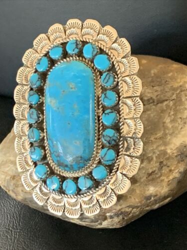 Navajo Blue Kingman Turquoise Cluster Ring | Authentic Native American Sterling Silver | Multi-Stone | Sz 9 | 12228
