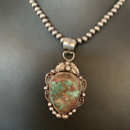 Men's Navajo Green Royston Turquoise Pendant Necklace | Sterling Silver | Authentic Native American Handmade | 13662 - Masha USA