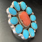 Navajo Blue Kingman Turquoise and Coral Cluster Ring | Authentic Native American Sterling Silver | Multi-Stone | Sz 7.5 | 11530