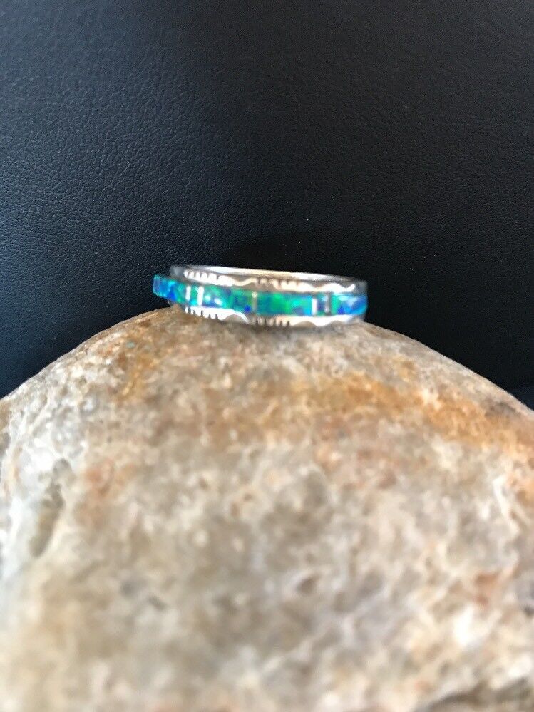 Southwestern Navajo Blue Opal Inlay Ring | Sterling Silver | Sz 9.5 | Authentic Native American Handmade | 10612