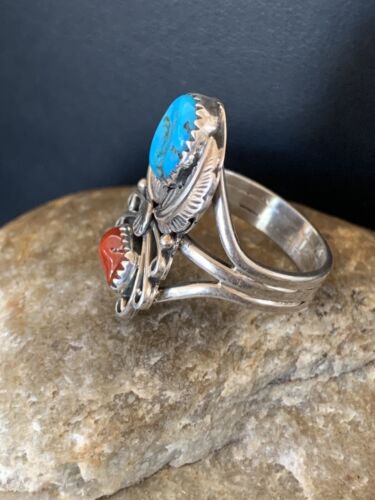 Authentic Navajo Kingman Turquoise & Coral Ring | Sterling Silver | Sz 14 | Native American Jewelry
