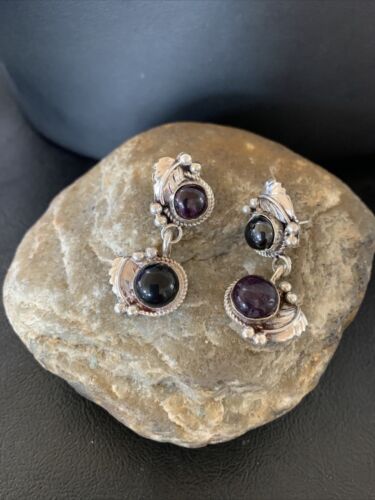 Navajo Purple Sugilite Dangle Earrings | Sterling Silver | Authentic Native American Handmade | 1595