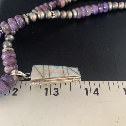 Navajo Purple Charoite White Opal Inlay Pendant Necklace| Sterling Silver | Native American Handmade | 13436