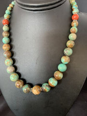 Navajo Green Turquoise & Apple Coral Graduated Necklace | Sterling Silver | Authentic Native American | 18" | 13206