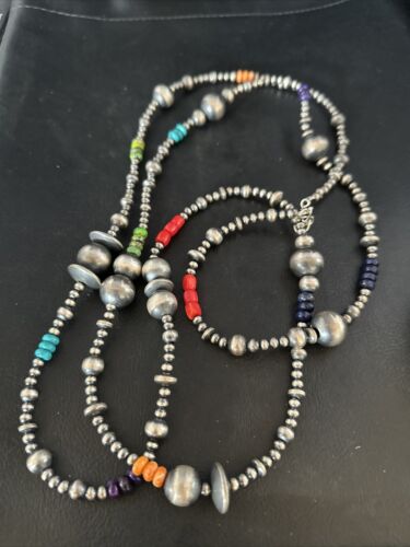 Navajo Pearls Multi-Color Sterling Silver Bead Necklace | 60" Single Strand | Southwestern