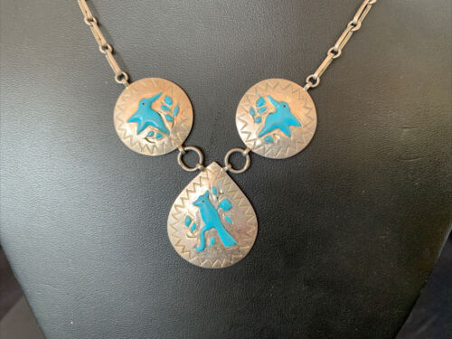 Vintage Zuni Blue Turquoise Necklace Pendant | Sterling Silver | Old Pawn | Native American Handmade | 19" | 1715