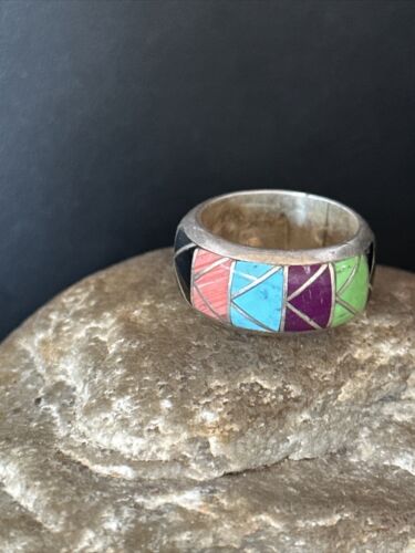Multi-Color Blue Turquoise Gaspeite Inlay Ring | Sterling Silver | Sz 10 | Native American Handmade | 14502