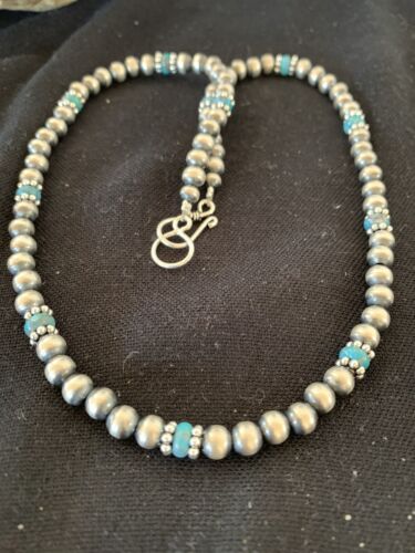 Authentic Native American Navajo Pearls Blue Turquoise Necklace | Sterling Silver Beads | Single Strand | 19" | 227