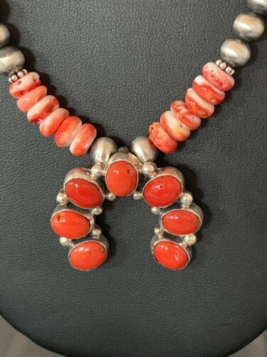Navajo Spiny Oyster & Coral Naja Pendant | Authentic Native American Sterling Silver | Naja | 4682
