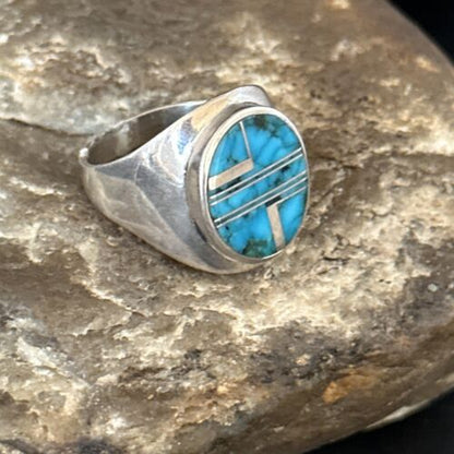 Navajo Blue Turquoise Inlay Ring | Sterling Silver | Sz 9.5 | Authentic Native American Handmade | 14749