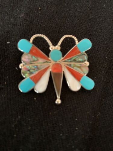 Zuni Butterfly Pin Pendant | Turquoise & Mother of Pearl | Sterling Silver | Authentic Native American Handmade | 4695 - Masha USA