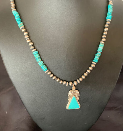 Navajo Pearls Sterling Silver Necklace with Blue Kingman Turquoise Pendant | Authentic Native American Handmade | 12496