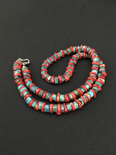 Navajo Sterling Silver Heishi Green Turquoise Coral Necklace | 20" | 1266