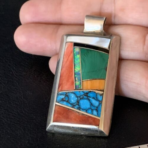 Navajo Turquoise Spiny Opal Multi-Color Inlay Pendant | Sterling Silver | Authentic Native American Handmade | 13722