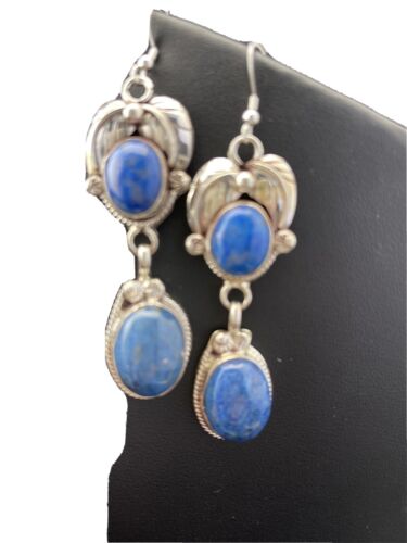 Native American Navajo Denim Lapis Dangle Earrings | Sterling Silver | 2" | 1792