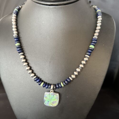 Navajo Green Turquoise Lapis Necklace with Opal Pendant | Sterling Silver | Authentic Native American Handmade | 14368