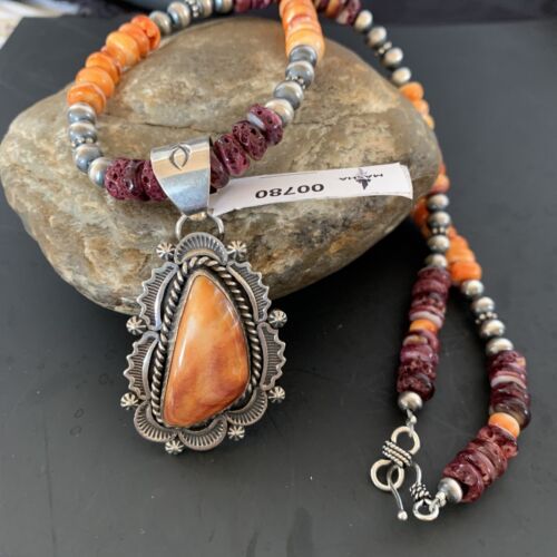 Navajo Sterling Silver Necklace | Orange Purple Spiny Oyster Pendant | 780