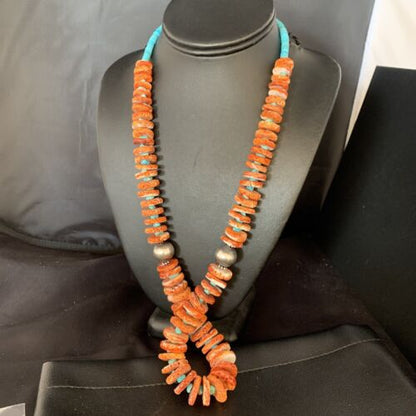 Orange Spiny Oyster & Blue Turquoise Graduated Necklace | Sterling Silver | Authentic Native American | 28" | 13713