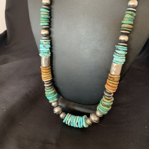 Navajo Blue Green Turquoise Barrel Beads Graduated Necklace | Sterling Silver | Authentic Native American Handmade | 26" | 12673