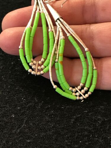 Navajo Green Gaspeite Earrings | Sterling Silver Liquid Heishi Dangle | 2.25" | Authentic Native American Handmade | 2021