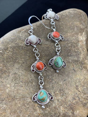 Navajo Spiny, Turquoise & Howlite Dangle Earrings | Sterling Silver | Authentic Native American Handmade | 01616