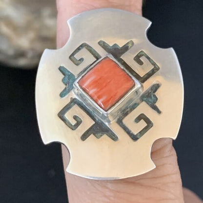 Native American Orange Spiny Oyster Navajo Ring | Sterling Silver | Sz 8 | 13717