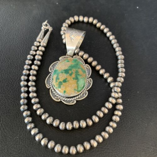 Men's Royston Turquoise Necklace Pendant | Navajo Pearls | Sterling Silver | Authentic Native American Handmade | 14005