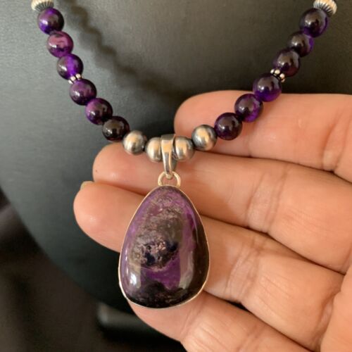 Navajo Pearls Necklace with Purple Sugilite and Onyx Pendant | Sterling Silver | 13394