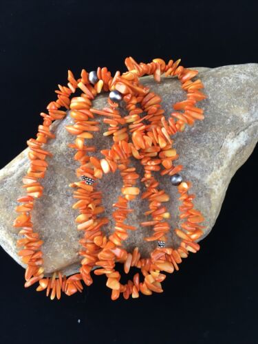 Navajo Orange Coral Necklace | Sterling Silver | 36" | Authentic Native American Handmade | 10044
