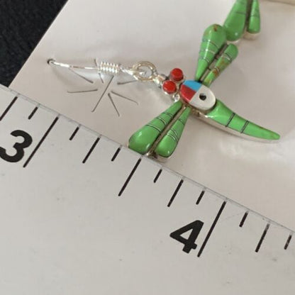 Navajo Dragonfly Earrings | Green Gaspeite, Coral, Mother of Pearl Inlay | Sterling Silver | 1" | 13319 - Masha USA
