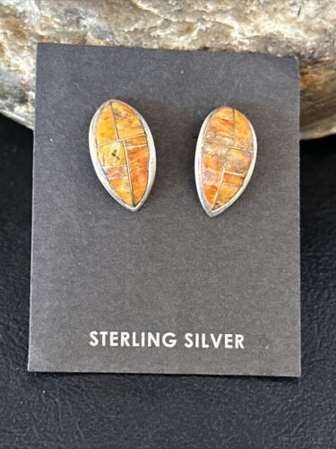 Navajo Orange Spiny Oyster Inlay Earrings | Sterling Silver | Authentic Native American Handmade | 14789