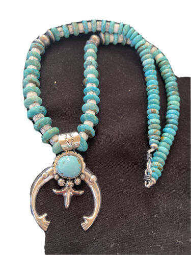 Navajo Kingman Turquoise Naja Pendant | Sterling Silver Howlite Necklace | Authentic Native American Handmade | 1388