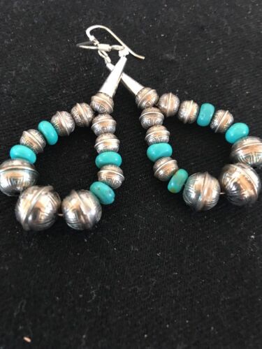 Navajo Turquoise Bead Earrings | Sterling Silver | Stamped | Native American | 10202