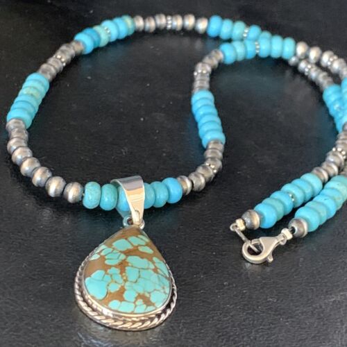 Navajo Blue Turquoise Pendant Necklace | Sterling Silver | Authentic Native American Handmade | 13827