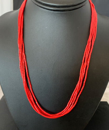 Native American Red Stabilized Coral Heishi Necklace | 5 Strand | Sterling Silver | 20" | 2207