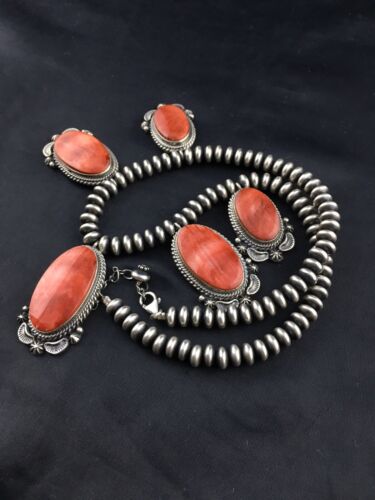 Navajo Red Spiny Oyster Pendant Squash Necklace | Sterling Silver | 16" | Authentic Native American Handmade | 4536