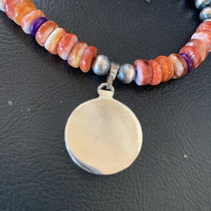 Navajo Multi-Color Spiny Turquoise Inlay Pendant Necklace | Sterling Silver | Authentic Native American Handmade | 12720