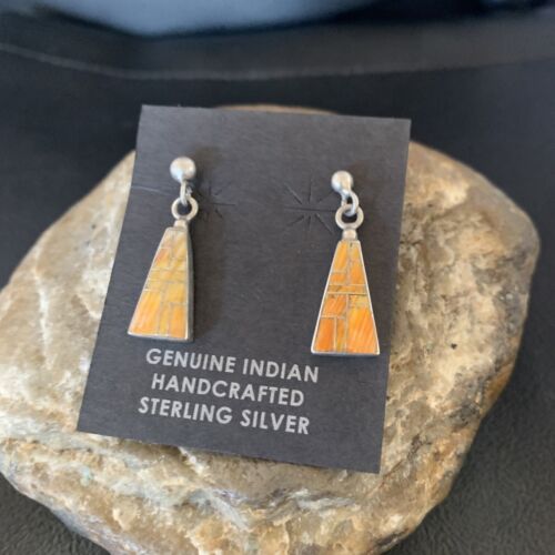 Minimalist Dangle Inlay Navajo Sterling Orange Spiny Oyster Earrings 12677