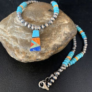 Navajo Sterling Silver Necklace | Blue Turquoise Coral Inlay Pendant | Southwestern |13841