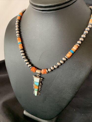 Navajo Turquoise Spiny Oyster Inlay Pendant | Sterling Silver | Authentic Native American Handmade | 11801