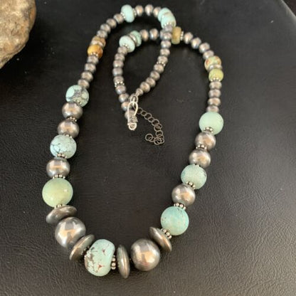 Dry Creek Turquoise Navajo Pearls Beaded Necklace | Sterling Silver | 25" | Authentic Native American Handmade | 14103 - Masha USA