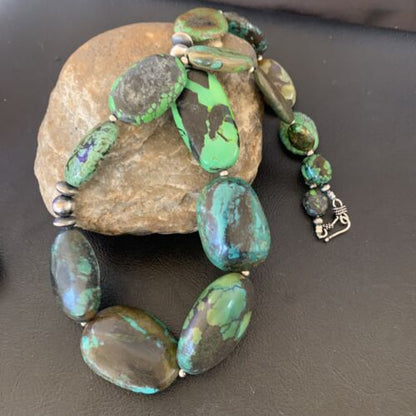 Navajo Sterling Silver Graduated Green Nugget Turquoise Necklace | Authentic Native American | 21" | 10724