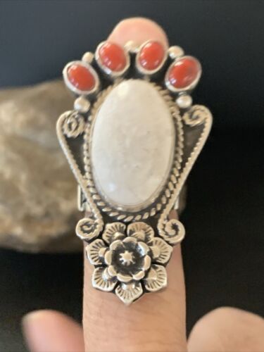 Navajo Sterling Silver Turquoise #8 Orange Spiny Oyster Ring | Authentic Native American Multi-Stone | Sz 6 | 11660
