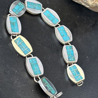 Men's Sterling Silver Navajo Turquoise Inlay Link Bracelet | 8.5" | Authentic Native American Handmade | 14659