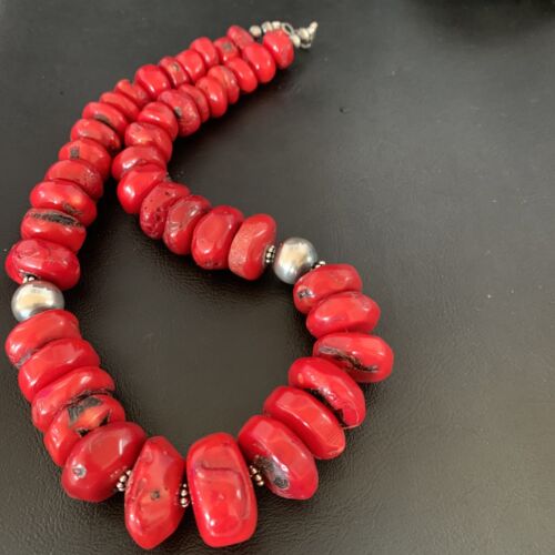 Navajo Red Coral Bead Necklace | Sterling Silver | Graduated 21" | Authentic Native American Jewelry | 13160