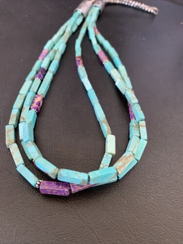 Navajo Blue Turquoise Jasper Bead Necklace | 3-Strand Sterling Silver | 24" | Authentic Native American Handmade | 12512