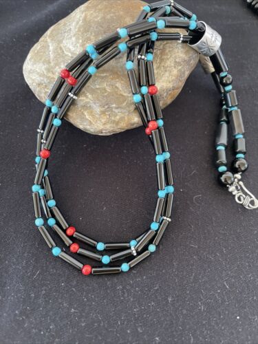 Navajo Black Onyx Coral Turquoise Bead Necklace | 3-Strand Sterling Silver | 24" | 1230