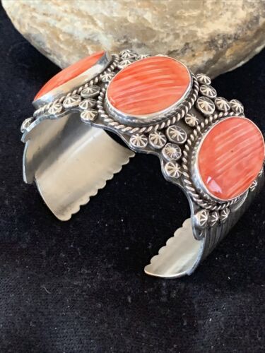Navajo Red Spiny Oyster Cuff Bracelet | Sterling Silver | Authentic Native American Handmade | 01107