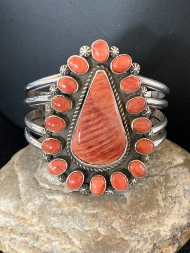 Navajo Spiny Oyster Cluster Cuff Bracelet | Sterling Silver | Authentic Native American Handmade | 4954